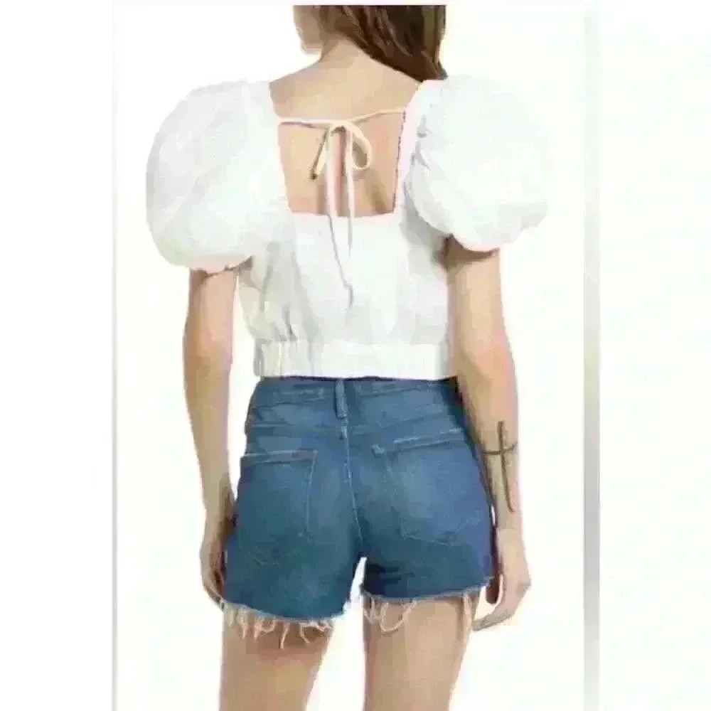 FRAME Ruched Crop Puff Sleeve top Blanc White Ramie Tie Medium $348 New beach - Picture 2 of 6